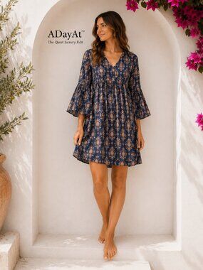 Boho Paisley Babydoll Tunic Dress Bell Sleeve Navy Blue Cottage Infinity Raine